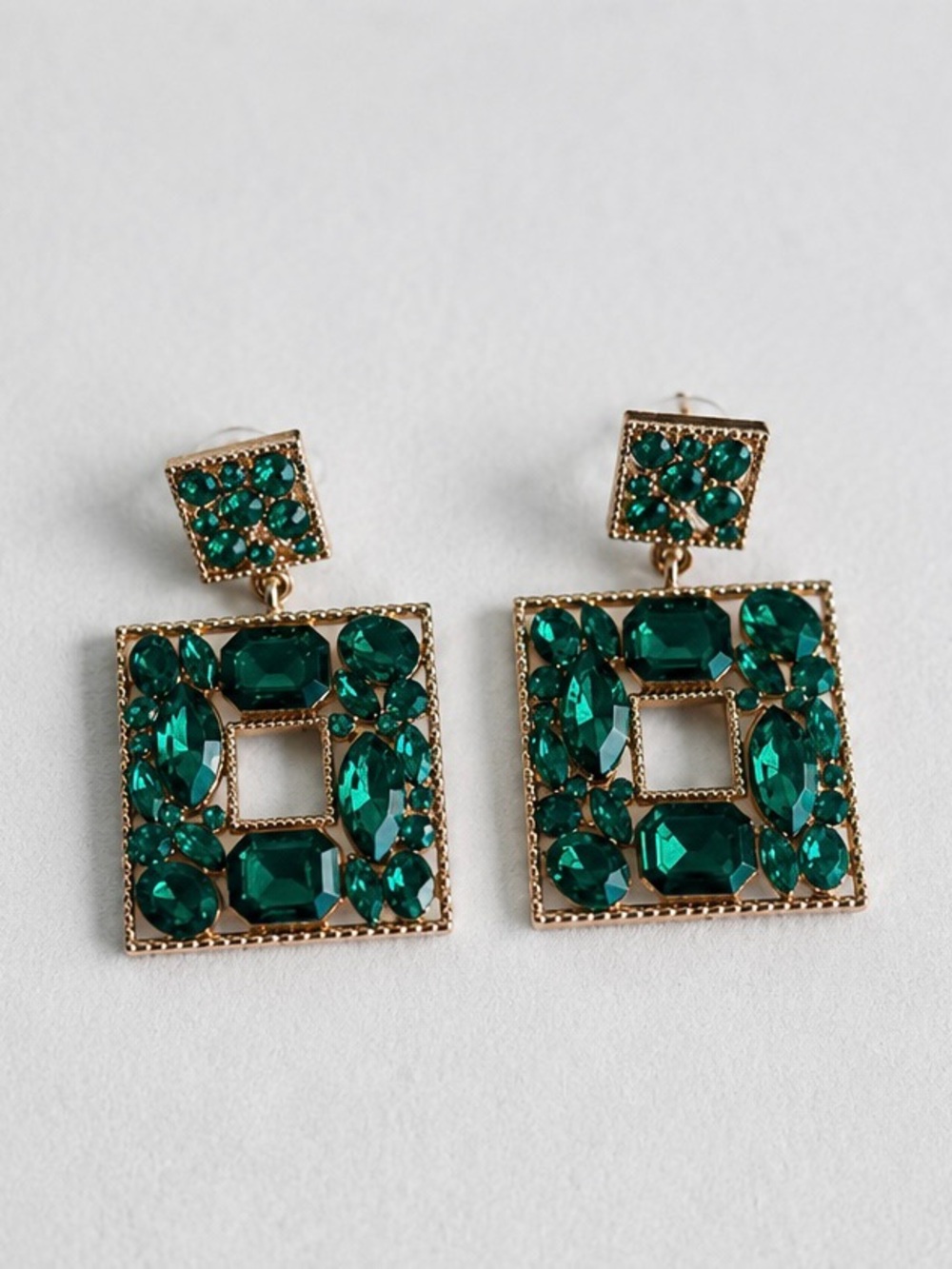 Emerald Square Drop Earrings - Green Crystal Statement Jewelry